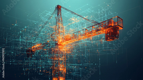 Technological Evolution: Digital Crane amidst Data Streams in Modern Space