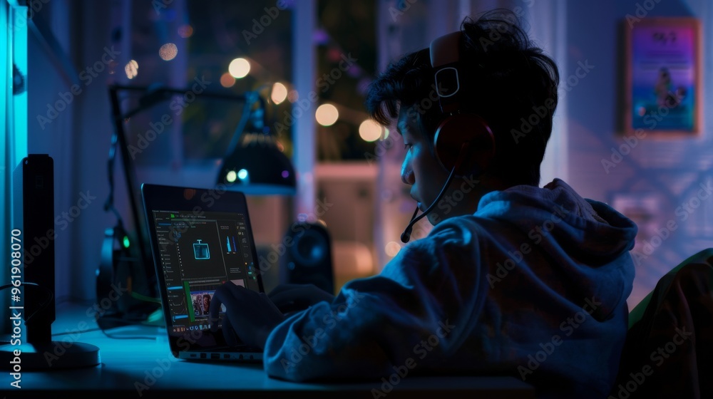 A young person wearing a headset, deeply engaged in tasks on a laptop, illuminated by ambient blue lighting in a modern workspace. A young person wearing a headset, deeply engaged in tasks on a laptop, illuminated by ambient blue lighting in a modern workspace.