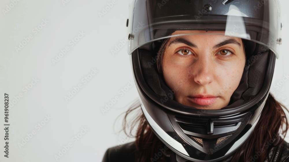 Close-up of a determined woman in a motorcycle helmet, staring directly into the camera with a focused expression. Close-up of a determined woman in a motorcycle helmet, staring directly into the camera with a focused expression.