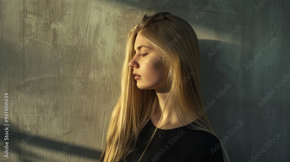 Fototapeta premium A contemplative young woman with long blonde hair stands against a textured wall, bathed in gentle, natural light.