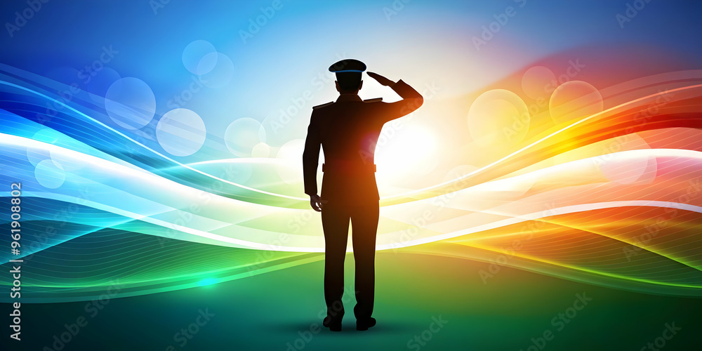 Respectful Flat Glowing Silhouette of Soldier Saluting Against Abstract Waves - Vibrant Digital Art for Hari Pahlawan Celebration Respectful Flat Glowing Silhouette of Soldier Saluting Against Abstract Waves - Vibrant Digital Art for Hari Pahlawan Celebration