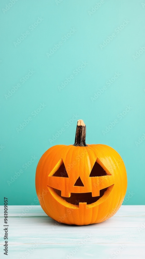 A pumpkin with a smiley face on it is sitting on a wooden table A pumpkin with a smiley face on it is sitting on a wooden table