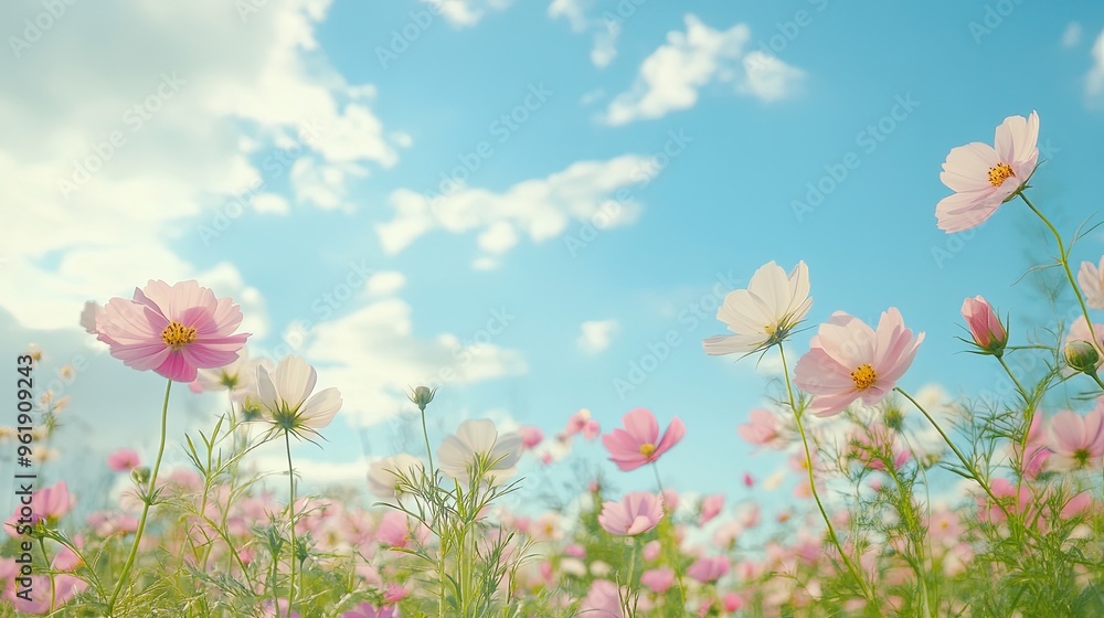 Cosmos flower blossom in garden with blue sky and cloud. Nature background Cosmos flower blossom in garden with blue sky and cloud. Nature background