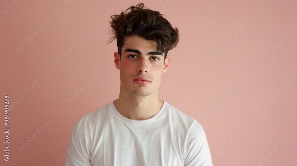 Portrait of a young person in a white T-shirt against a pale pink background, conveying a sense of quiet confidence. Portrait of a young person in a white T-shirt against a pale pink background, conveying a sense of quiet confidence.