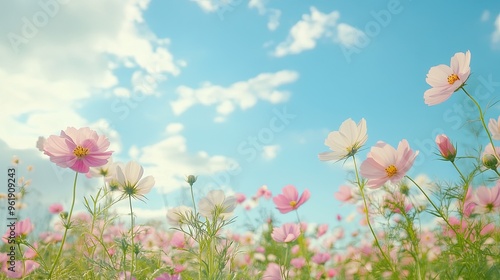 Wallpaper Mural Cosmos flower blossom in garden with blue sky and cloud. Nature background Torontodigital.ca