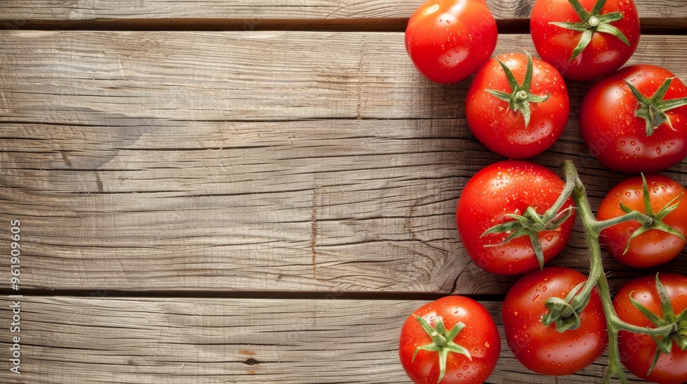 Freshly picked vine tomatoes rest on a weathered wooden surface, glistening with tiny water droplets. Freshly picked vine tomatoes rest on a weathered wooden surface, glistening with tiny water droplets.