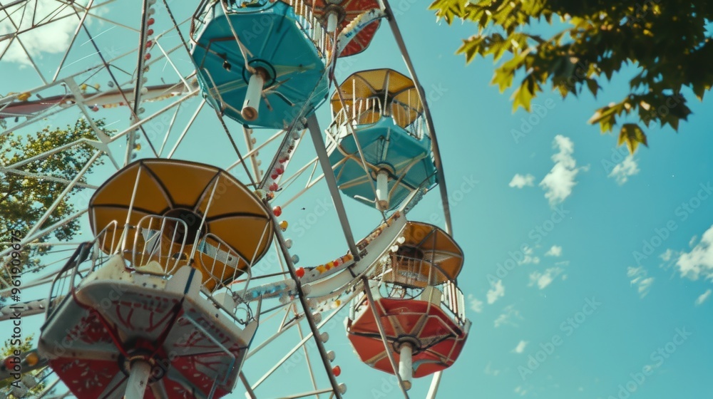 Ferris wheel against a bright blue sky, colorful gondolas reaching high into the view, capturing a classic amusement park joy. Ferris wheel against a bright blue sky, colorful gondolas reaching high into the view, capturing a classic amusement park joy.