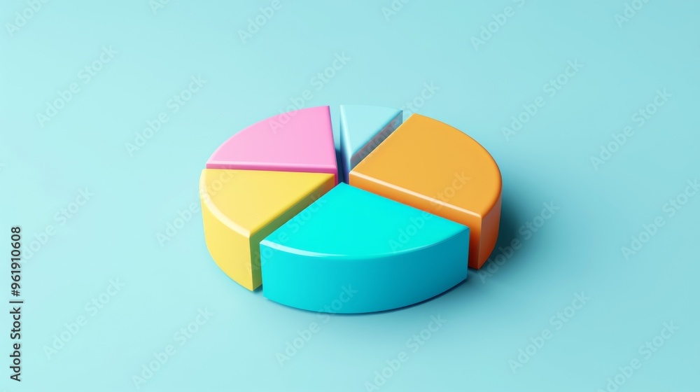 Obraz premium A colorful 3D pie chart divided into five segments, showcasing different data portions against a soft pastel background.