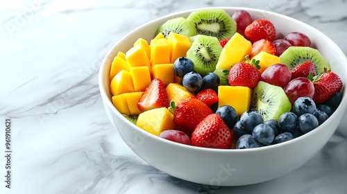 Bowl of colorful fresh fruits on marble surface, strawberries, blueberries, kiwi, mango, grapes, and Shine Muscat grapes, vibrant colors, high detail, white ceramic bowl.