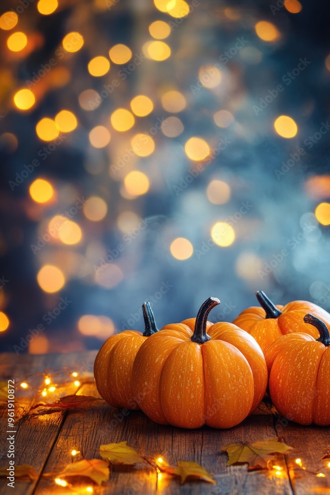 A table with three pumpkins and some leaves A table with three pumpkins and some leaves