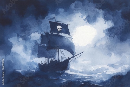 A dramatic pirate ship sailing through stormy seas under a shadowy sky, evoking mystery and adventure.