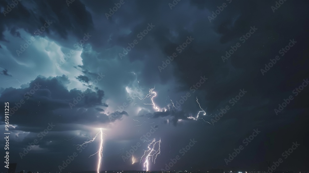 Lightning bolts pierce through a dark, stormy sky over a distant city, highlighting nature's raw power and intensity. Lightning bolts pierce through a dark, stormy sky over a distant city, highlighting nature's raw power and intensity.