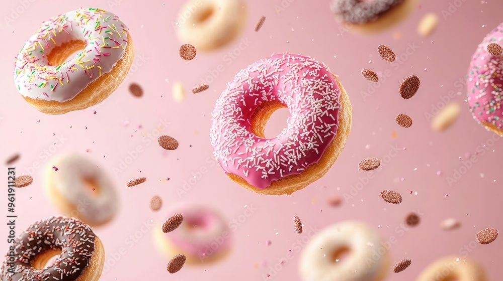 Flying donuts. Mix of multicolored doughnuts on pastel background. Bakery banner Flying donuts. Mix of multicolored doughnuts on pastel background. Bakery banner