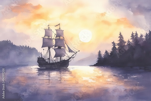 A watercolor painting of a sailing ship at sunset, reflecting on calm waters surrounded by forests and a glowing sun.