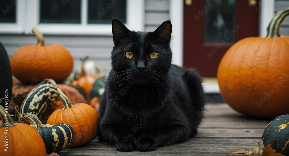 Black cat sitting on a pumpkin porch background Black cat sitting on a pumpkin porch background