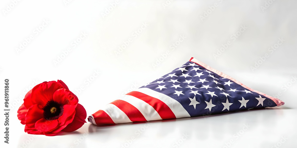 Obraz premium Serene Flat Poppy and Folded American Flag Illustration for Veterans Day Remembrance - Peaceful Tribute Design on White Background