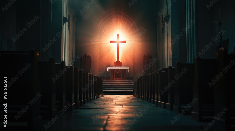 Naklejka premium A serene church scene with a bright light radiating behind the cross, symbolizing hope, divinity, and faith, with space for text