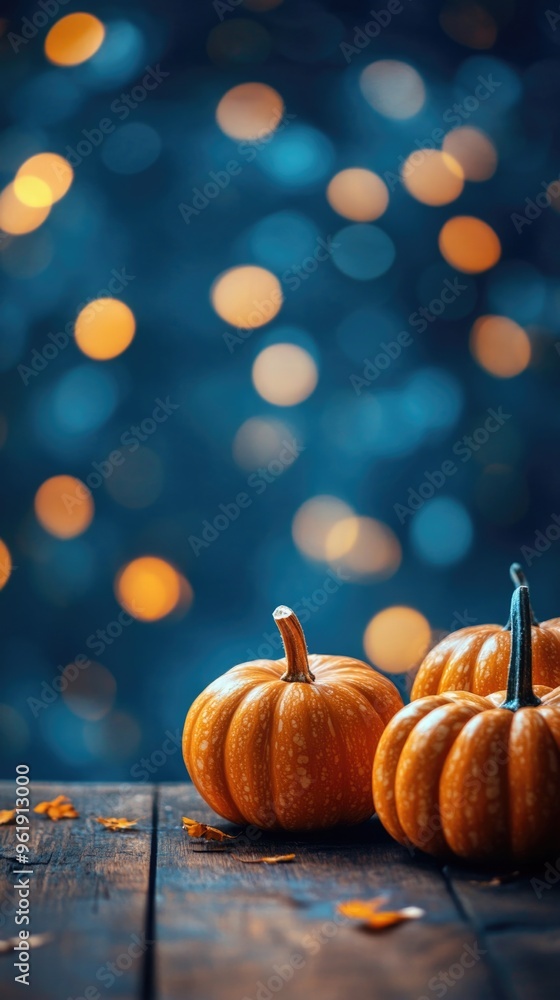 A few pumpkins are on a wooden table with a blue background A few pumpkins are on a wooden table with a blue background