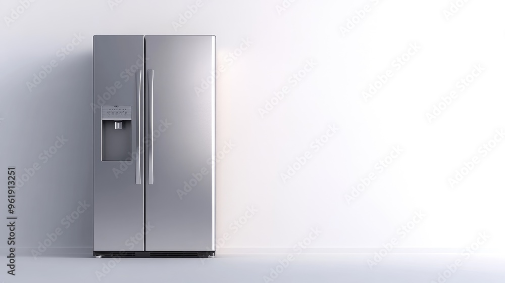 A sleek modern silver refrigerator on a pristine white background, combining style and efficiency for keeping your food fresh A sleek modern silver refrigerator on a pristine white background, combining style and efficiency for keeping your food fresh