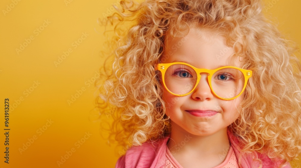 A cheerful young girl with vivid curly hair and bright yellow glasses against a vibrant yellow background, radiating happiness and playfulness. A cheerful young girl with vivid curly hair and bright yellow glasses against a vibrant yellow background, radiating happiness and playfulness.