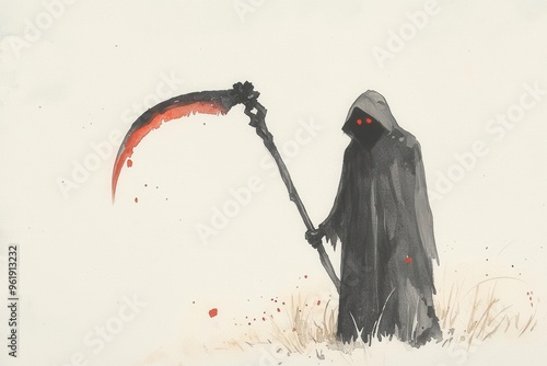 An eerie figure clad in black holds a blood-stained scythe, embodying a haunting presence in this dark watercolor illustration. photo