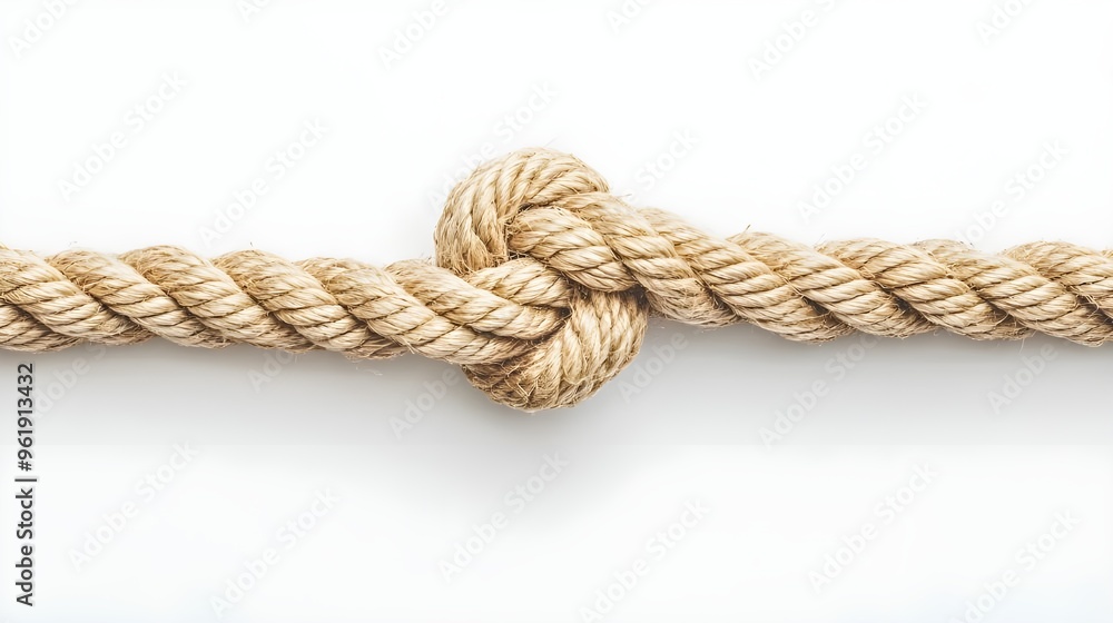 Obraz premium A clean, minimalist stock photo showcasing a knotted rope placed against a pure white background.