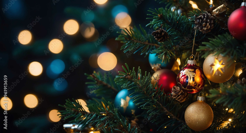 Christmas tree with glowing ornaments background Christmas tree with glowing ornaments background