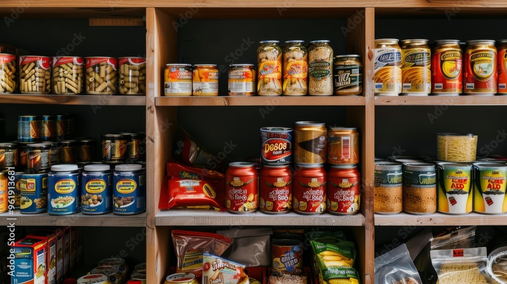 Obraz premium Shelves stocked with an assortment of canned and jarred food items provide a glimpse into a well-supplied pantry, representing preparedness and resourcefulness.
