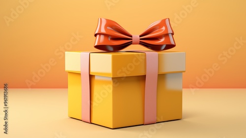 gift box in cardboard packaging with red ribbon on pastel yellow background.