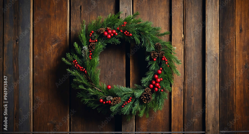 Christmas wreath on old wooden door background Christmas wreath on old wooden door background