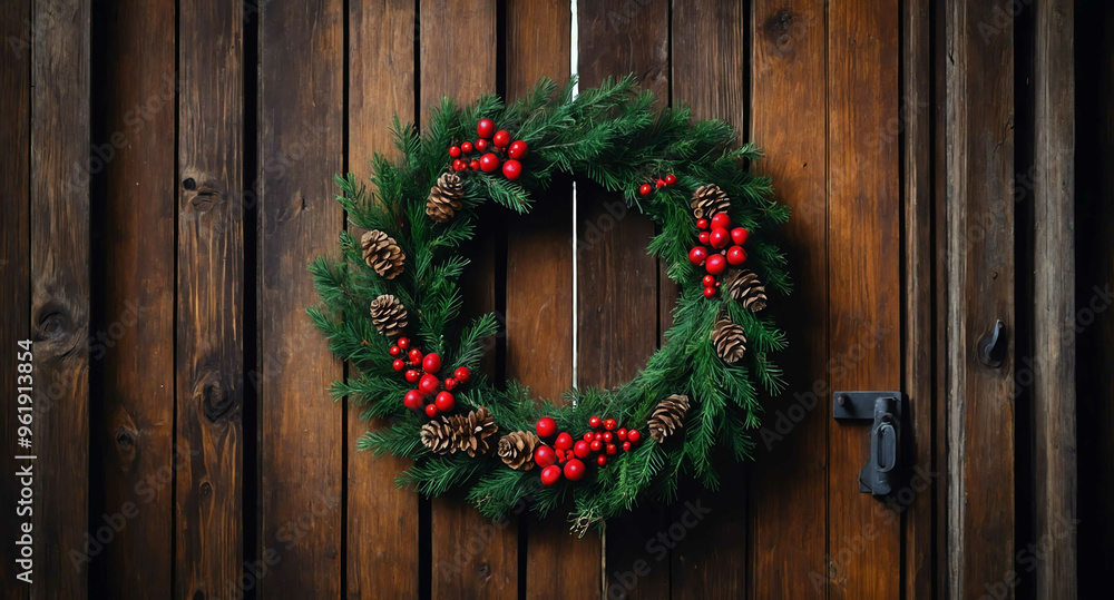 Christmas wreath on old wooden door background Christmas wreath on old wooden door background