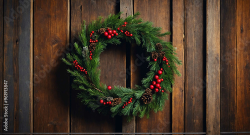 Christmas wreath on old wooden door background