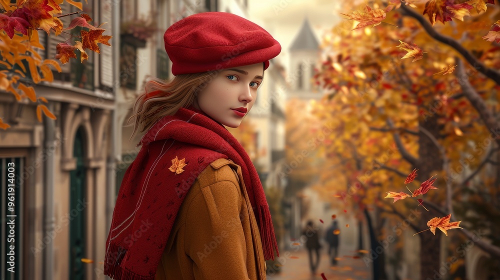 An elegant woman wearing a red beret and matching scarf strolls through a charming city street adorned with autumn leaves. The golden hues of the trees and the soft focus of the background evoke a An elegant woman wearing a red beret and matching scarf strolls through a charming city street adorned with autumn leaves. The golden hues of the trees and the soft focus of the background evoke a