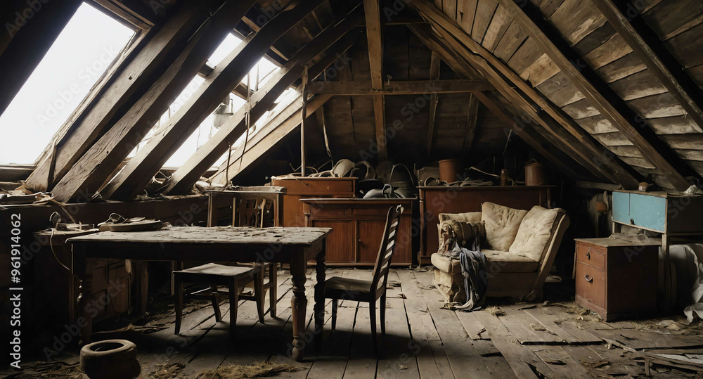 Cobwebbed attic filled with old furniture background Cobwebbed attic filled with old furniture background