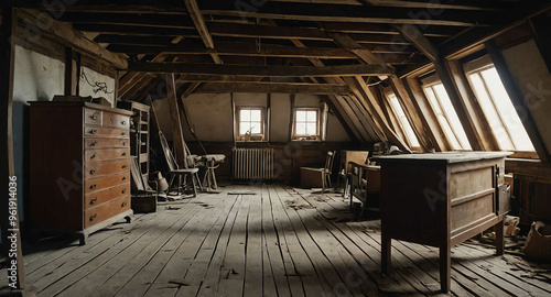 Cobwebbed attic filled with old furniture background