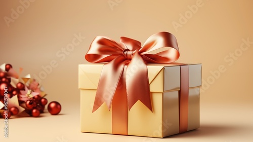 Wallpaper Mural gift box in cardboard packaging with red ribbon on pastel yellow background. Torontodigital.ca
