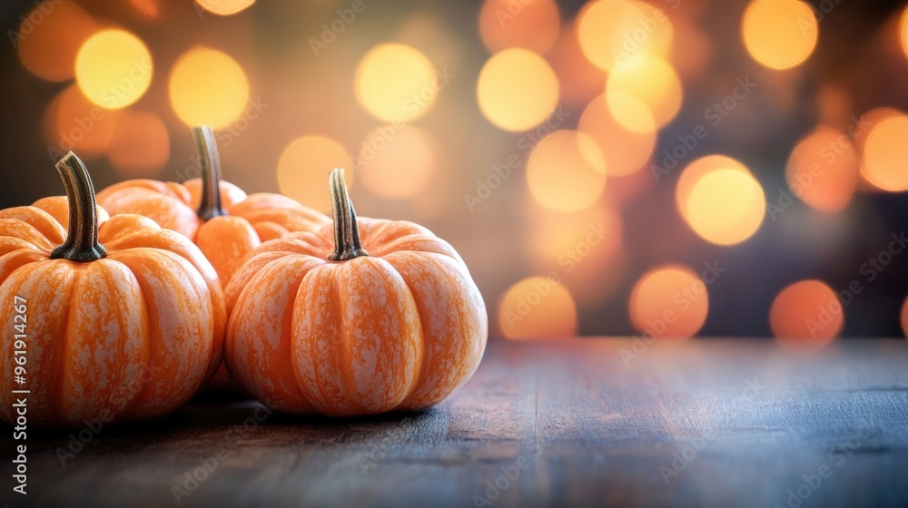 Three orange pumpkins are sitting on a wooden table Three orange pumpkins are sitting on a wooden table