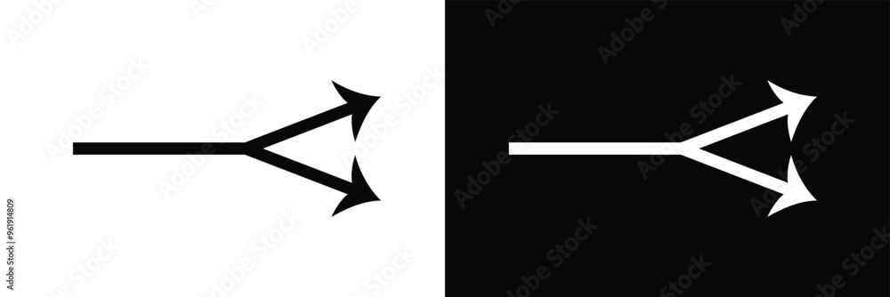 Two-way direction red arrow icon. Abstract three head arrows silhouette. Road direction icon. Vector illustration in eps 10. Two-way direction red arrow icon. Abstract three head arrows silhouette. Road direction icon. Vector illustration in eps 10.