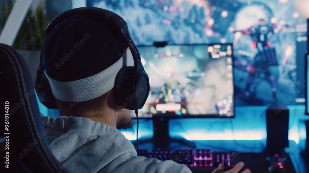 An immersive gaming scene featuring a player with headphones engrossed in a video game, surrounded by futuristic graphics and a glowing setup. An immersive gaming scene featuring a player with headphones engrossed in a video game, surrounded by futuristic graphics and a glowing setup.