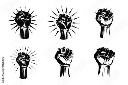 Fist set logo icon vector power freedom concept silhouette isolated