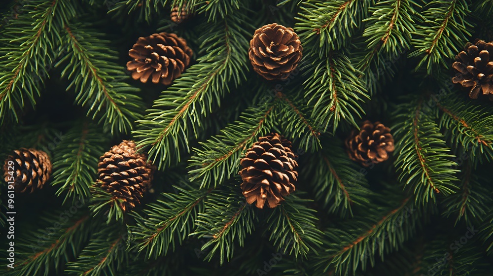 Close-up of evergreen pine branches, vibrant green needles, dense foliage, pine cones scattered throughout, dark background, high detail, nature photography. Close-up of evergreen pine branches, vibrant green needles, dense foliage, pine cones scattered throughout, dark background, high detail, nature photography.