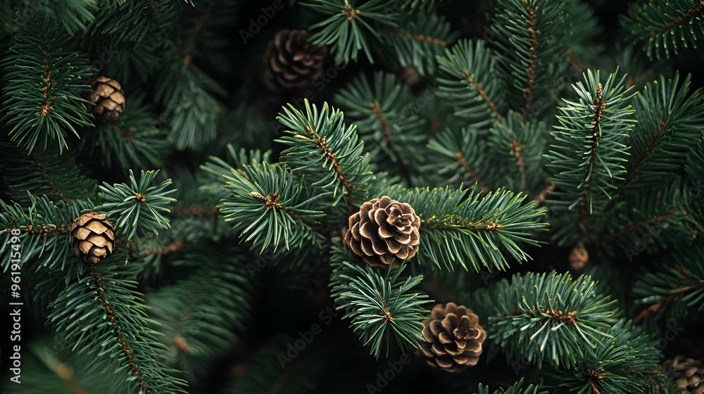 Close-up of evergreen pine branches, vibrant green needles, dense foliage, pine cones scattered throughout, dark background, high detail, nature photography. Close-up of evergreen pine branches, vibrant green needles, dense foliage, pine cones scattered throughout, dark background, high detail, nature photography.