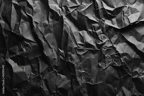 Paper board material that has been crumpled, a black paper texture with folding marks, and an overlay of print. photo