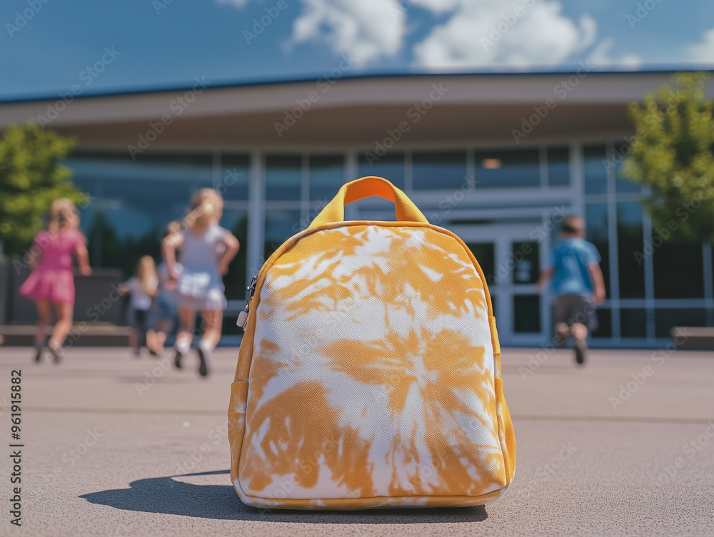 Obraz premium Stylish backpack in front of elementary school.