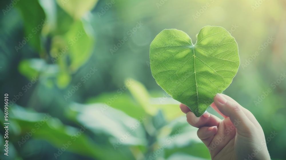 A hand holds a heart-shaped green leaf against a blurred background of lush foliage, symbolizing love and nature’s harmony. A hand holds a heart-shaped green leaf against a blurred background of lush foliage, symbolizing love and nature’s harmony.