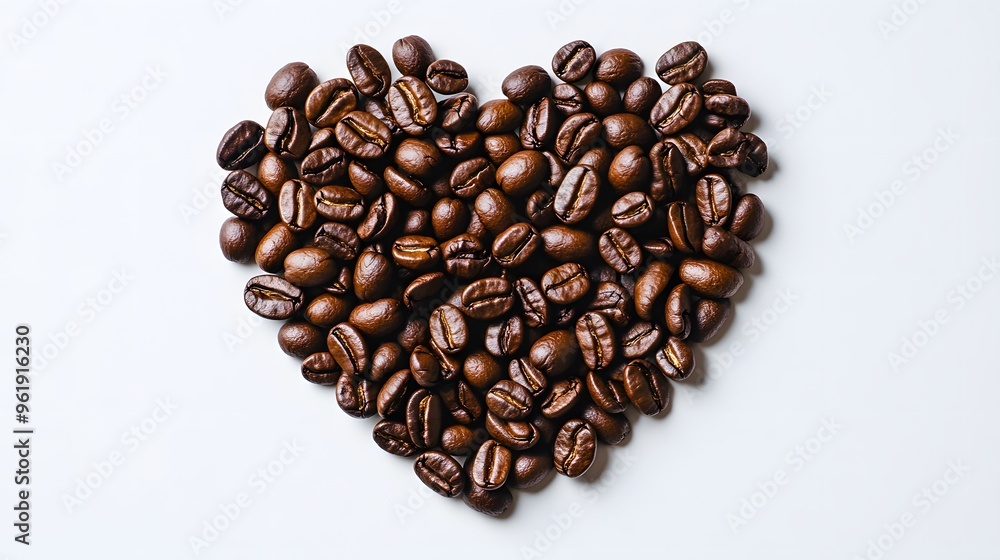Coffee beans arranged in a heart shape, aerial view, white background, high contrast, macro photography, roasted coffee beans, circular pattern, negative space in center. Coffee beans arranged in a heart shape, aerial view, white background, high contrast, macro photography, roasted coffee beans, circular pattern, negative space in center.