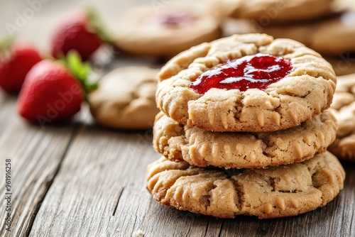 Peanut butter cookies with jam on wood table photo