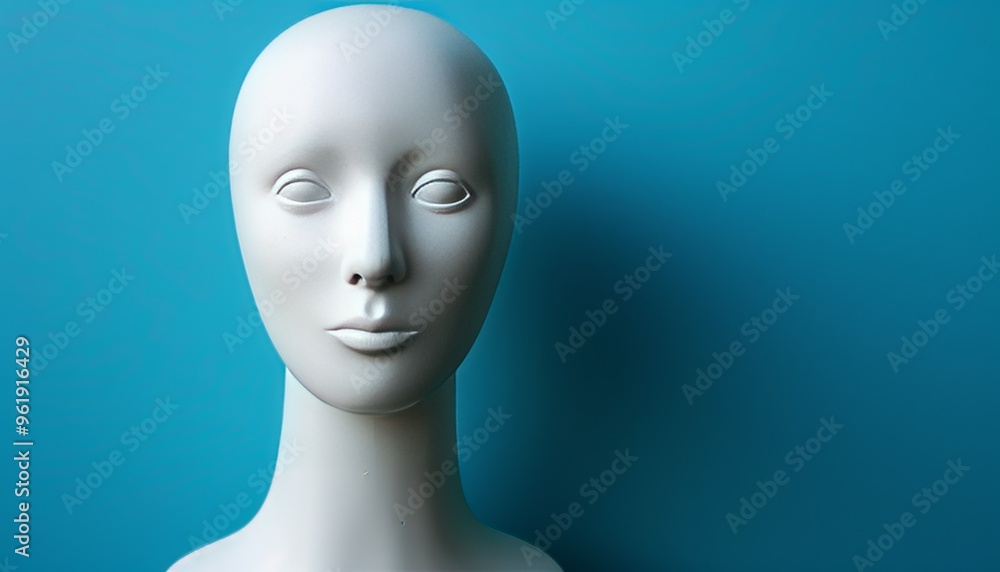 photo of head of a faceless white mannequin against a blue background, providing ample copy space photo of head of a faceless white mannequin against a blue background, providing ample copy space