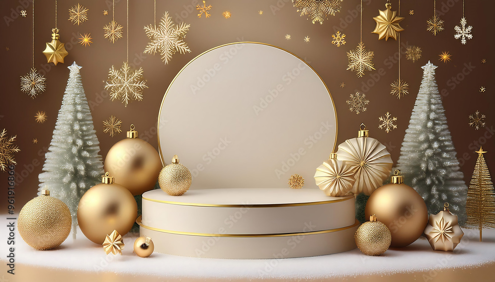 An elegant Christmas podium display with golden ornaments and snowflakes. _1(297) An elegant Christmas podium display with golden ornaments and snowflakes. _1(297)