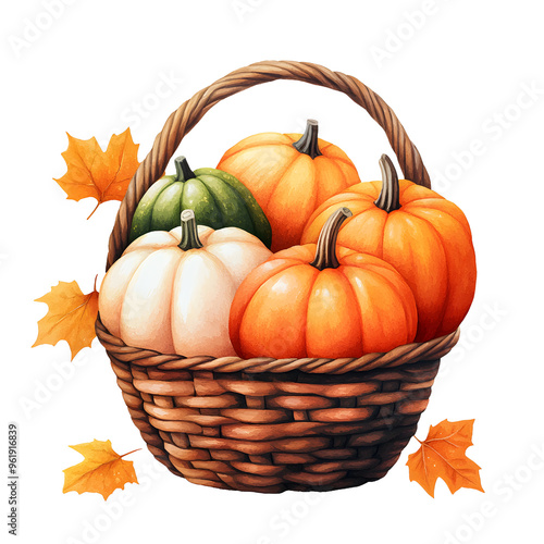 Wallpaper Mural Autumn Harvest  Pumpkins and Leaves in a Wicker Basket Torontodigital.ca